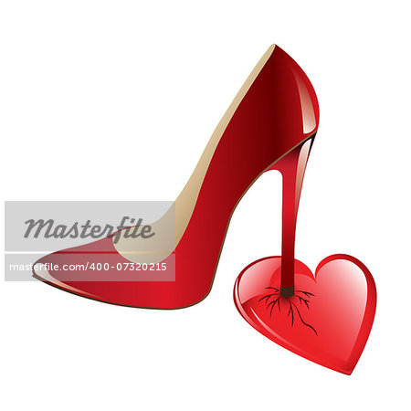 Red heart crushed by a red high heel shoe isolated against a white background