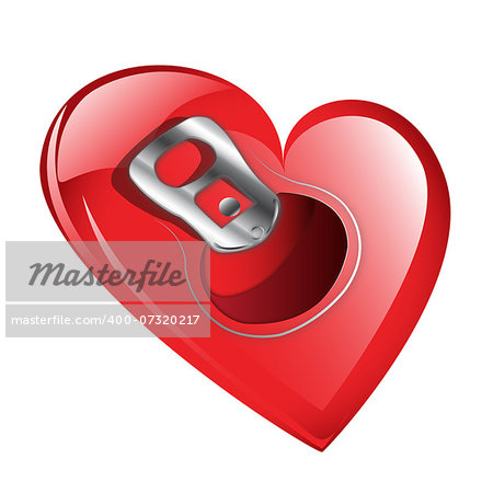 Red heart with soda can opener ring  isolated against a white background