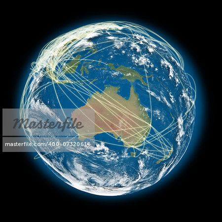 Australia on planet Earth with connections between cities and continents representing global airline networks. Elements of this image furnished by NASA
