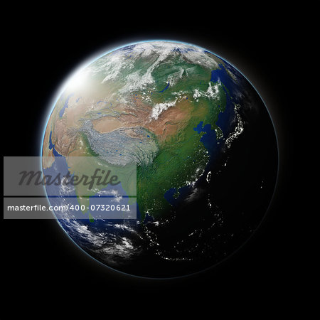 Asia on blue planet Earth isolated on black background. Highly detailed planet surface. Elements of this image furnished by NASA.