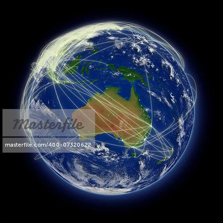 Network of flight paths over Australia on blue planet Earth isolated on black background. Highly detailed planet surface. Elements of this image furnished by NASA.