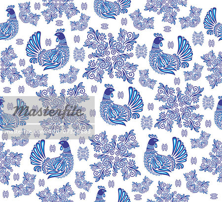 Illustration of abstract seamless background with gzhel birds and ornament