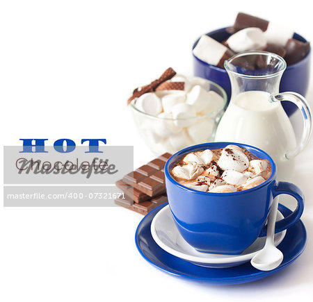 Delicious hot chocolate with marshmallow on white background.