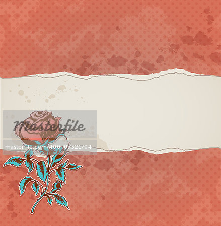 Red vintage background with torn paper and rose