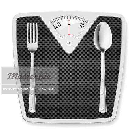 Bathroom scales with fork and spoon as concept of diet and overweight.