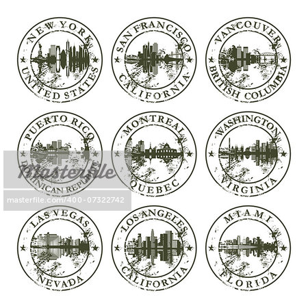 Grunge rubber stamps with New York, San Francisco, Vancouver, Puerto Rico, Montreal, Washington, Las Vegas, Los Angeles and Miami - vector illustration