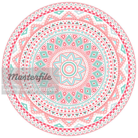 Decorative pink and blue round pattern frame on white background. Vector illustration for cute feminine and baby design. Dot and wave shapes. Oriental rug / napkin. Tribal ethnic ornamental textile.