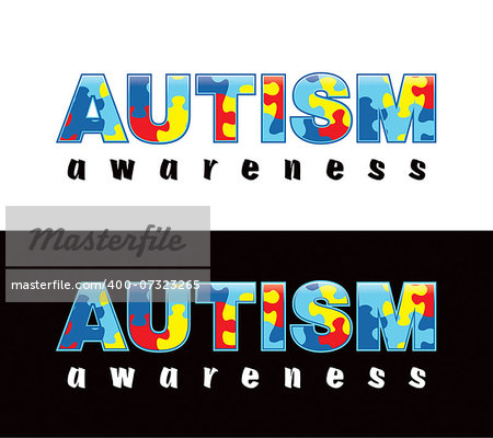 The phrase "Autism Awareness" written in jigsaw puzzle pieces. Autism Awareness colors and symbols, conveniently provided on a light and dark background. Vector EPS 10 available.