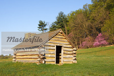 A reproduction of cabins used by Revolutionary War soldiers during the winter of 1777-78 under the command of George Washington. Located in Valley Forge National Historic Park, Pennsylvania, USA.