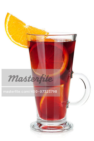 Christmas mulled wine with orange and spices. Isolated on white background