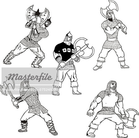 Russian bogatyr warriors with pole-axes. Set of black and white vector illustrations.