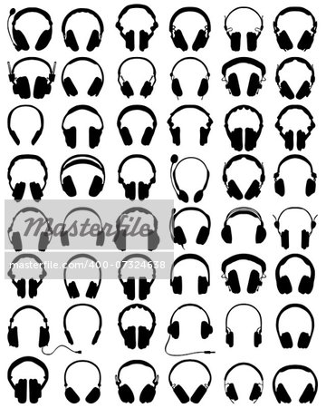Big set of black silhouettes of headphones, vector