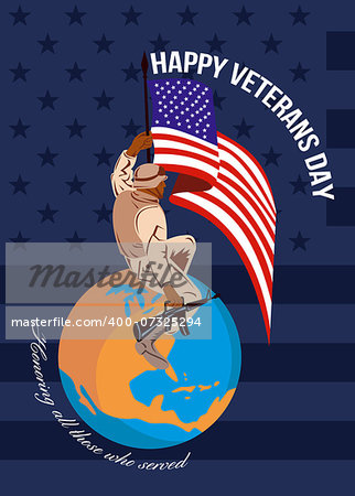 Greeting card poster showing illustration of an African-American soldier serviceman carrying armalite rifle with stars and stripes flag on top of globe with words Happy Veterans day.