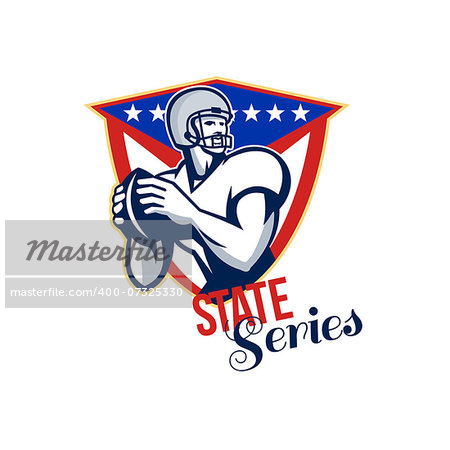 Illustration of an american football gridiron quarterback player throwing ball facing side set inside crest shield with stars and stripes flag done in retro style with words State Series.