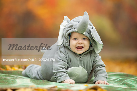 Baby boy dressed in elephant costume in autumn park