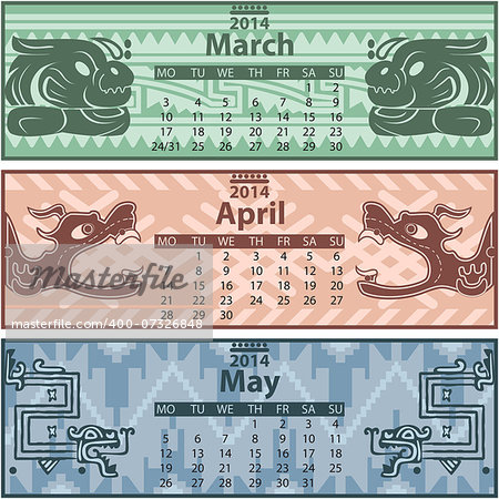Vector of spring calendar 2014 with mayan ornaments