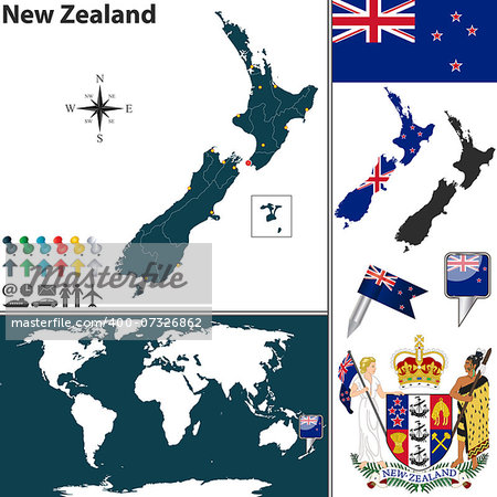 Vector of New Zealand set with detailed country shape with region borders, flags and icons