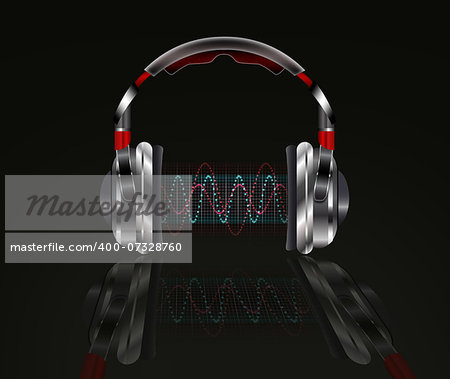 Realistic headphones with music waves.  Illustration on a black background.