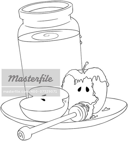 A Vector Illustration coloring page of a honey jar and sliced apple covered with honey and wooden stick on a plate for the Jewish New Yearâ??s.