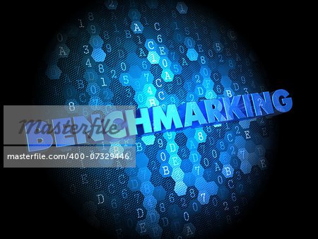 Benchmarking - Blue Color Text on Digital Background.