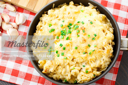 Delicious baked macaroni and cheese with scallion