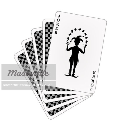 Black back side of playing cards and joker on white background