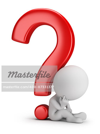 3d small person sitting next to a question mark. 3d image. White background.