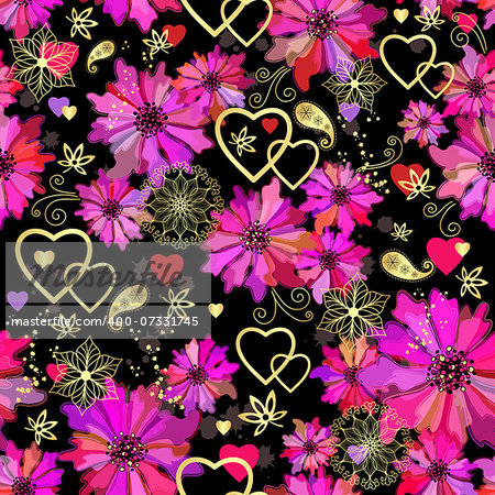 Valentine seamless dark floral grunge pattern with pink flowers  and hearts (vector)