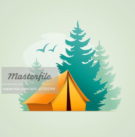 Tent in forest camping. Eps10 vector illustration. Isolated on white background