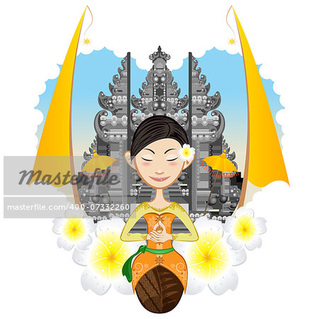 An Illustration Of Beautiful Balinese Girl Sitting With Background Of Pura, Hindhuism Temple. Useful As Illustration And Background For Art, Sales, Promo And Travel Issues.