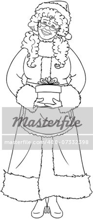 Vector illustration coloring page of Mrs Claus holding a present for Christmas and smiling.