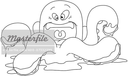 Vector illustration coloring page of an octopus in water for Halloween.
