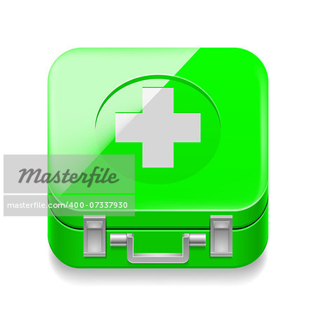 Icon of shiny green first-aid kit on white background
