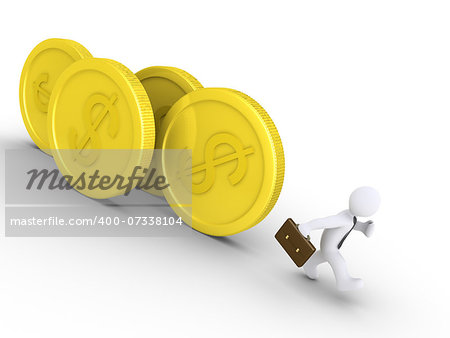 3d businessman is being chased by rolling dollar coins