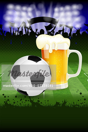 Soccer Poster with Ball, Glass of Beer and Fans, vector