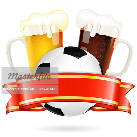 Soccer Poster with Ball, Glasses of Beer and Ribbon, vector isolated on white