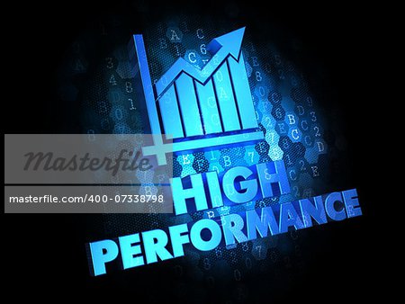 High Performance Concept - Blue Color Text with Growth Chart Icon on Dark Digital Background.