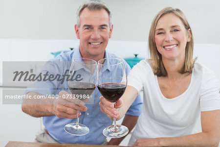 Portrait of a couple holding wine glasses in the kitchen at home