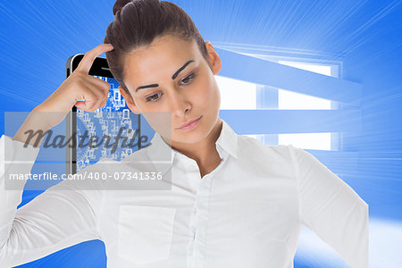 Focused businesswoman against bright blue room with bordered up window