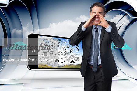 Shouting businessman against abstract blue cloud design in futuristic structure