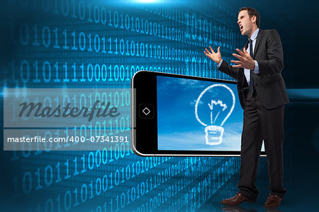 Stressed businessman gesturing against shiny blue binary code on black background
