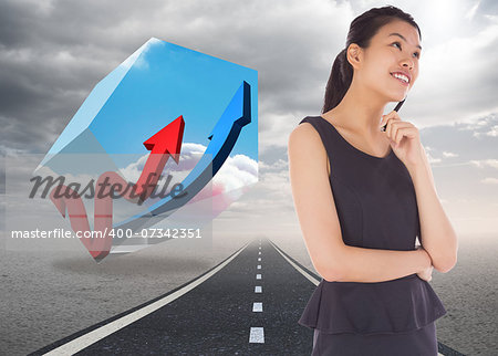 Thinking businesswoman against street under cloudy sky