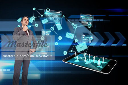 Thinking businessman with hand on chin against arrows on technical background