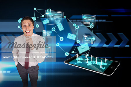 Thinking businessman touching his chin against arrows on technical background