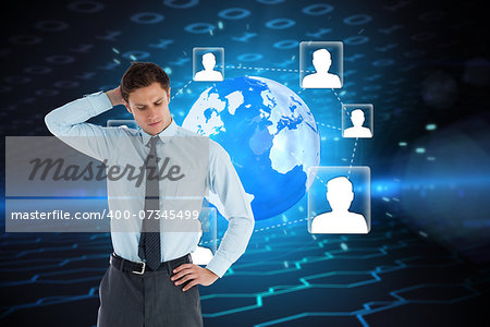 Thinking businessman with hand on head against hexagon pattern on technical background with binary code