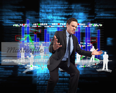Businessman posing with arms outstretched against blue blurred texts