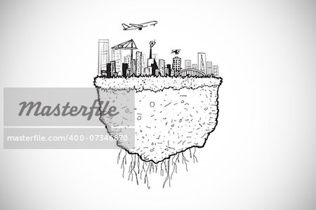 Cityscape doodle against white background with vignette