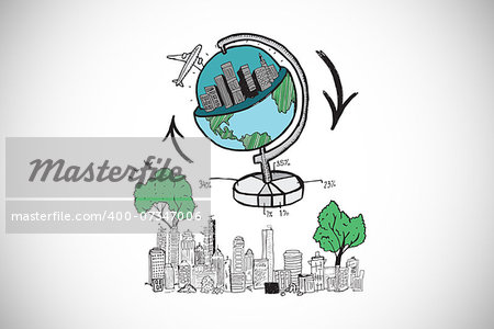 Global travel doodle over cityscape against white background with vignette