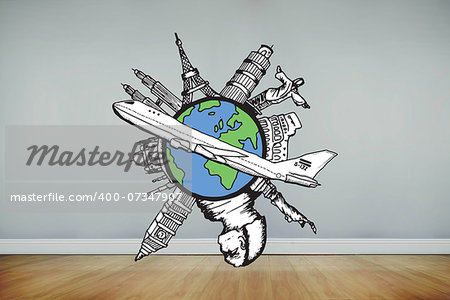 Landmarks of the world with airplane doodle against room with wooden floor