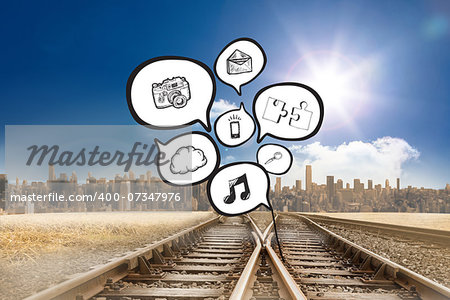 Speech bubbles with app icons against train tracks leading to city under blue sky